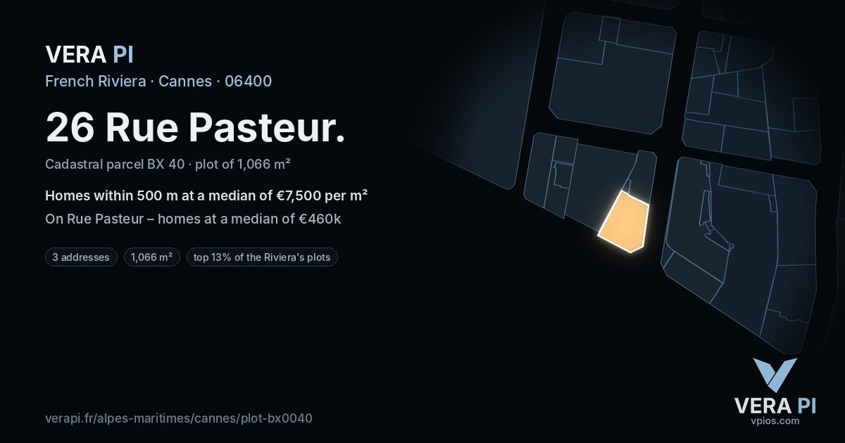 26 Rue Pasteur, Cannes at night – the plot lit, the parcels around coloured by the prices near them