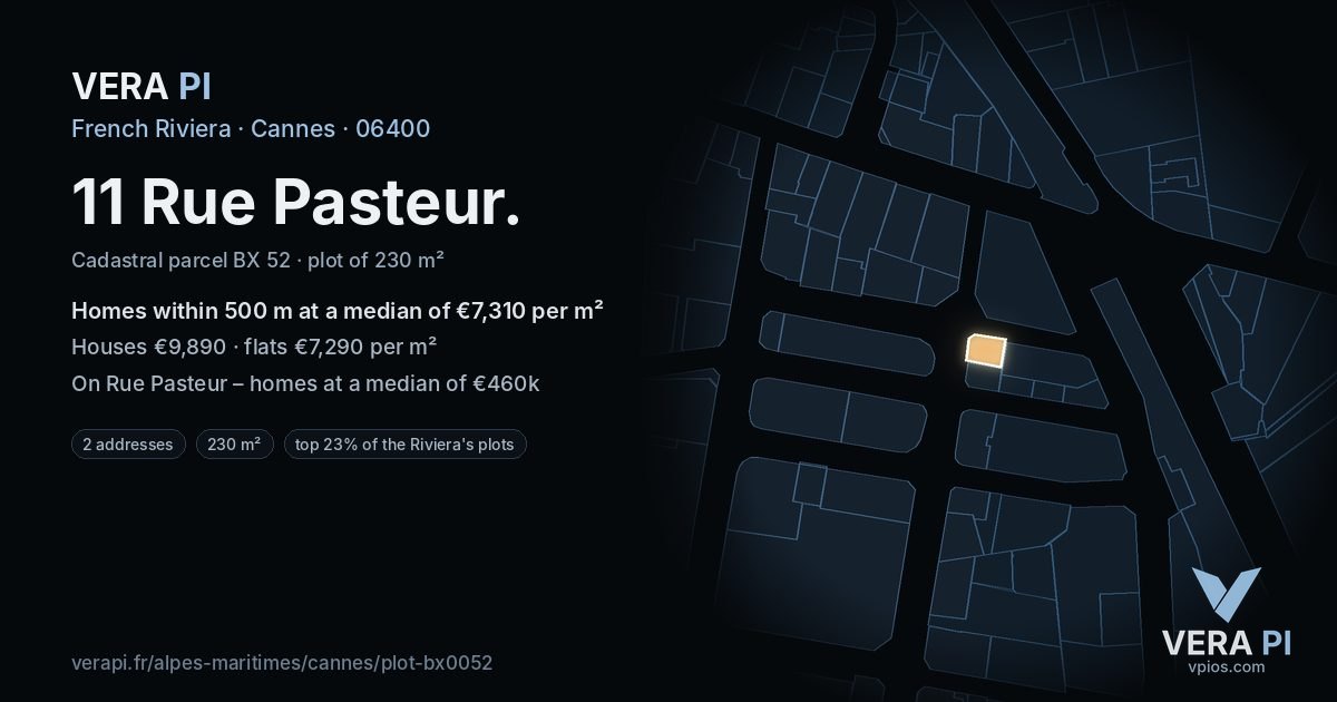 11 Rue Pasteur, Cannes at night – the plot lit, the parcels around coloured by the prices near them