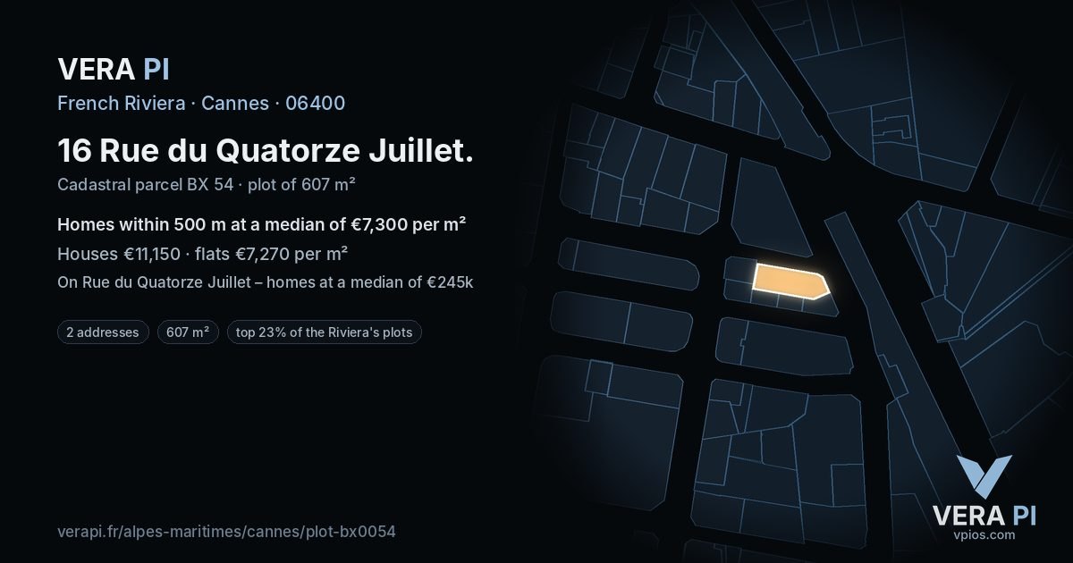 16 Rue du Quatorze Juillet, Cannes at night – the plot lit, the parcels around coloured by the prices near them