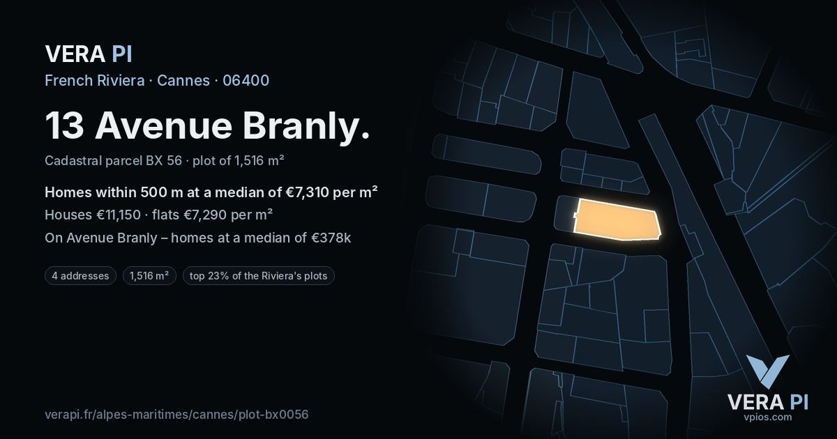 13 Avenue Branly, Cannes at night – the plot lit, the parcels around coloured by the prices near them