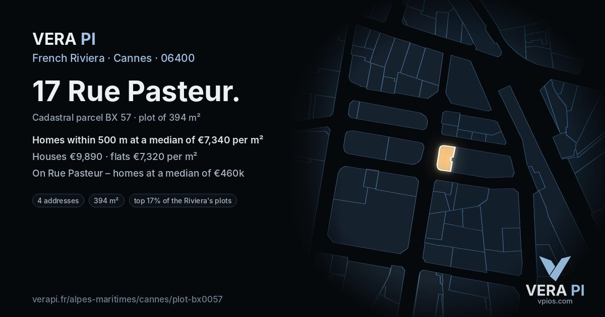 17 Rue Pasteur, Cannes at night – the plot lit, the parcels around coloured by the prices near them
