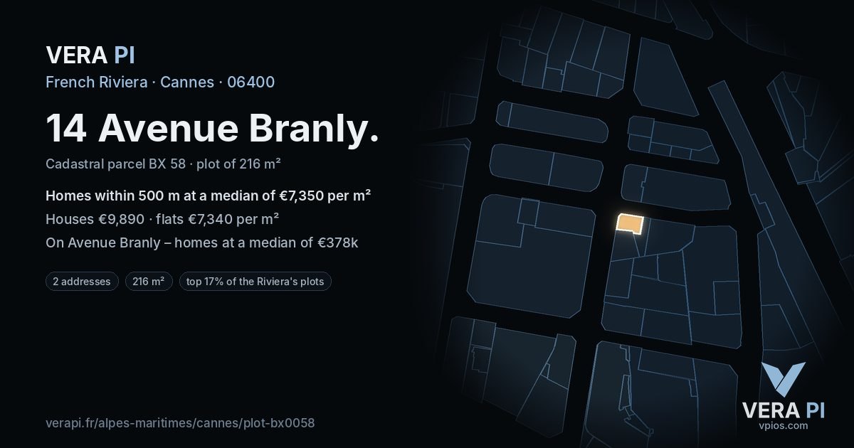 14 Avenue Branly, Cannes at night – the plot lit, the parcels around coloured by the prices near them