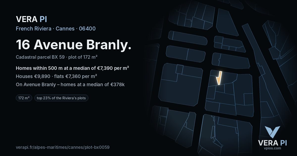 16 Avenue Branly, Cannes at night – the plot lit, the parcels around coloured by the prices near them