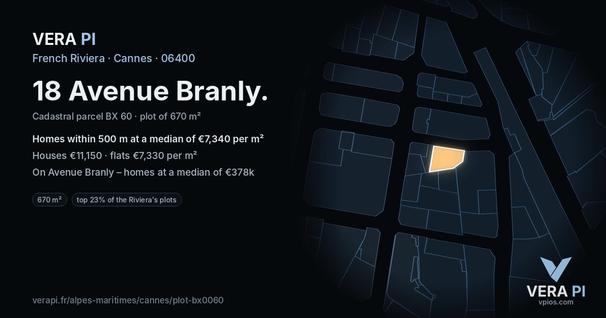 18 Avenue Branly, Cannes at night – the plot lit, the parcels around coloured by the prices near them