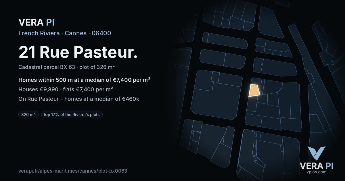 21 Rue Pasteur, Cannes at night – the plot lit, the parcels around coloured by the prices near them