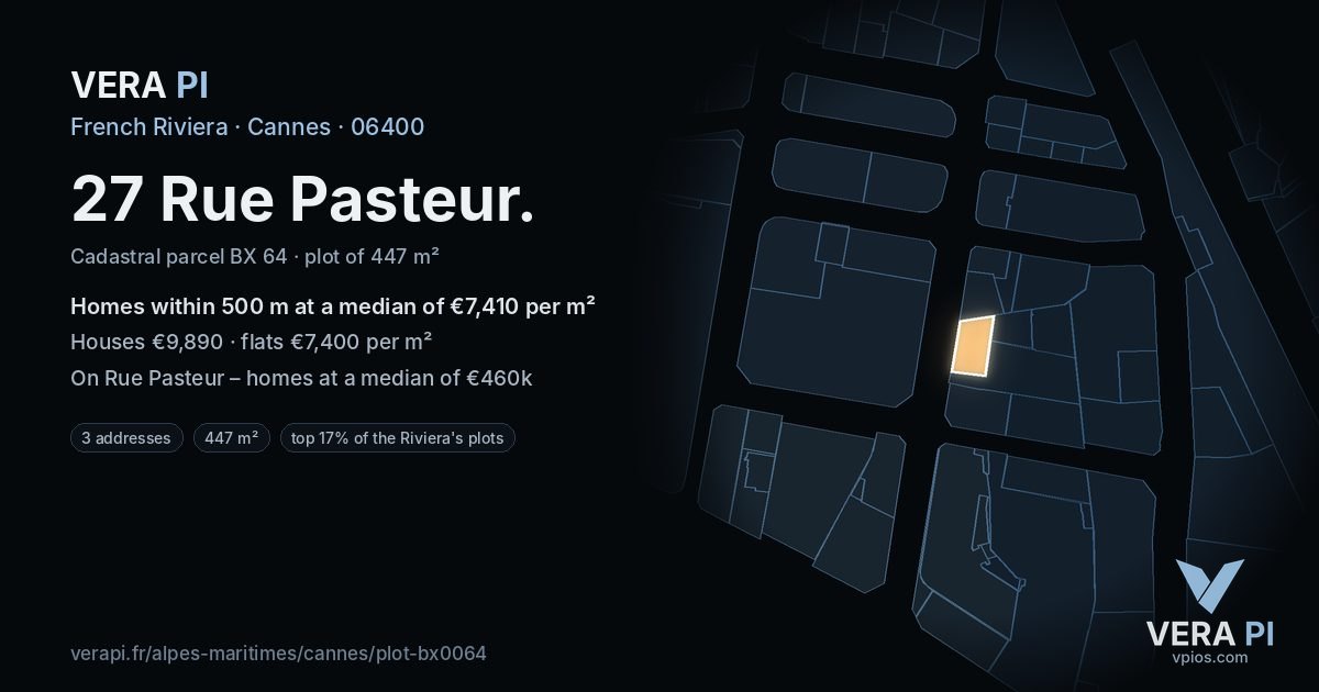 27 Rue Pasteur, Cannes at night – the plot lit, the parcels around coloured by the prices near them