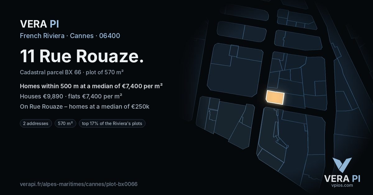 11 Rue Rouaze, Cannes at night – the plot lit, the parcels around coloured by the prices near them