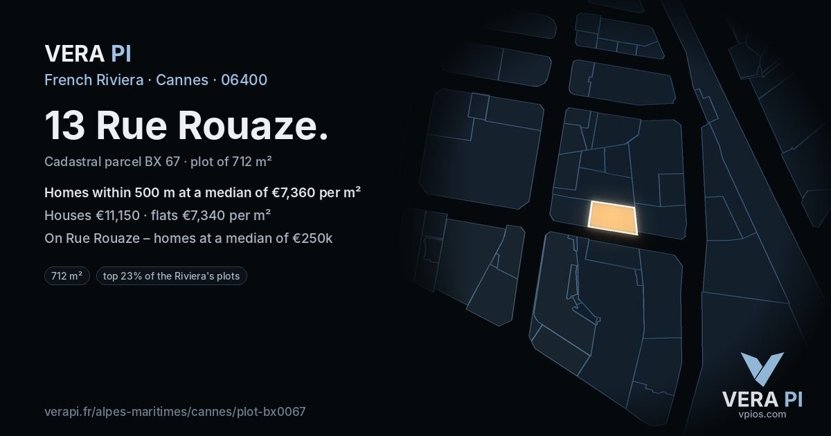 13 Rue Rouaze, Cannes at night – the plot lit, the parcels around coloured by the prices near them
