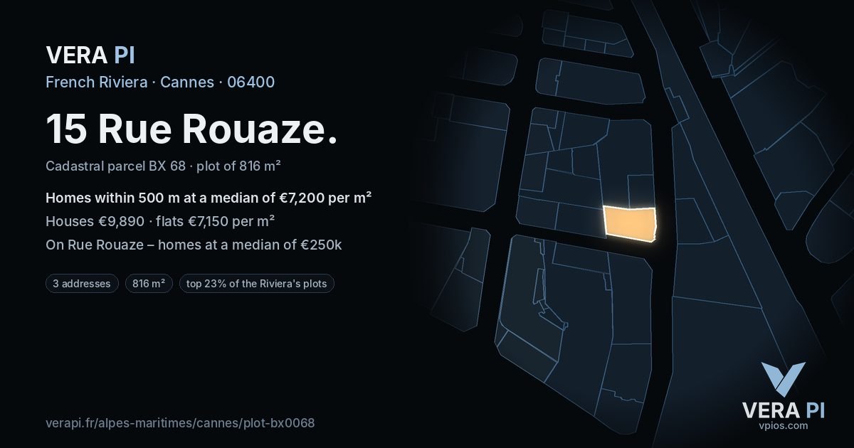 15 Rue Rouaze, Cannes at night – the plot lit, the parcels around coloured by the prices near them