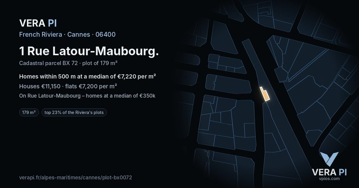 1 Rue Latour-Maubourg, Cannes at night – the plot lit, the parcels around coloured by the prices near them