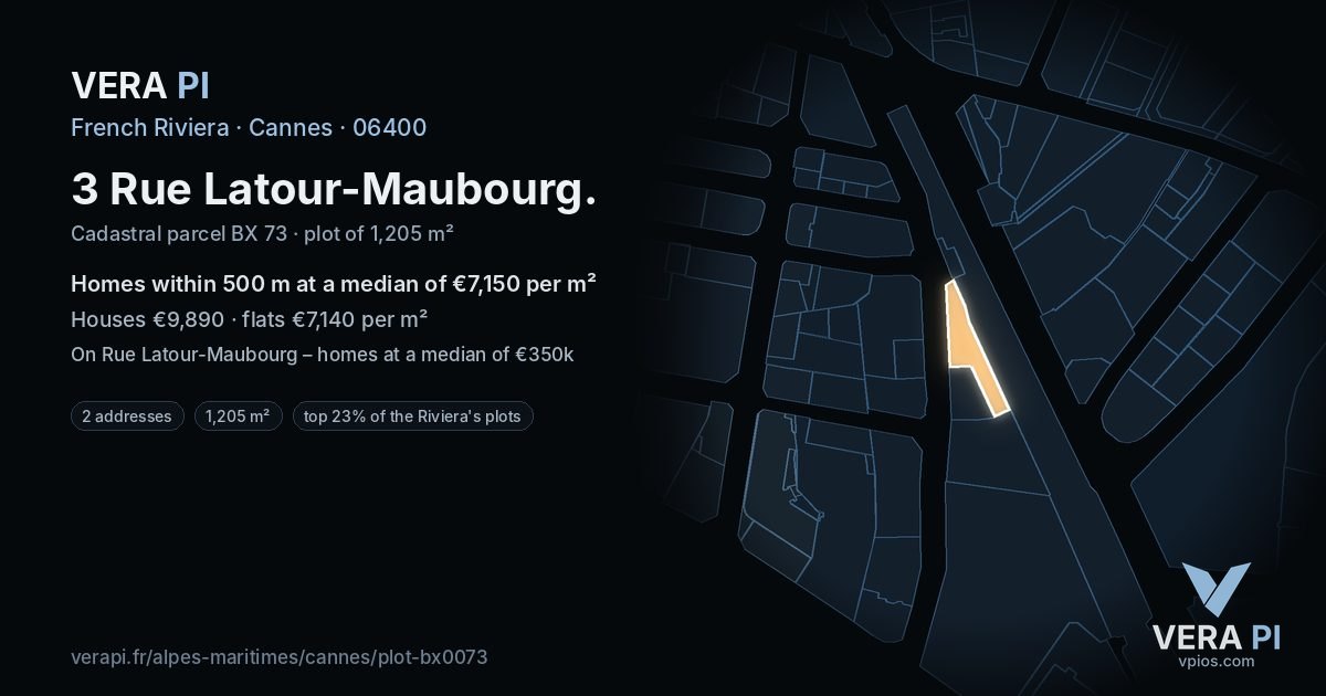 3 Rue Latour-Maubourg, Cannes at night – the plot lit, the parcels around coloured by the prices near them