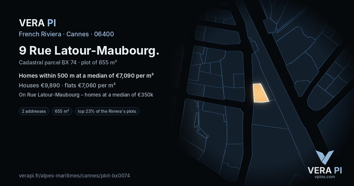 9 Rue Latour-Maubourg, Cannes at night – the plot lit, the parcels around coloured by the prices near them