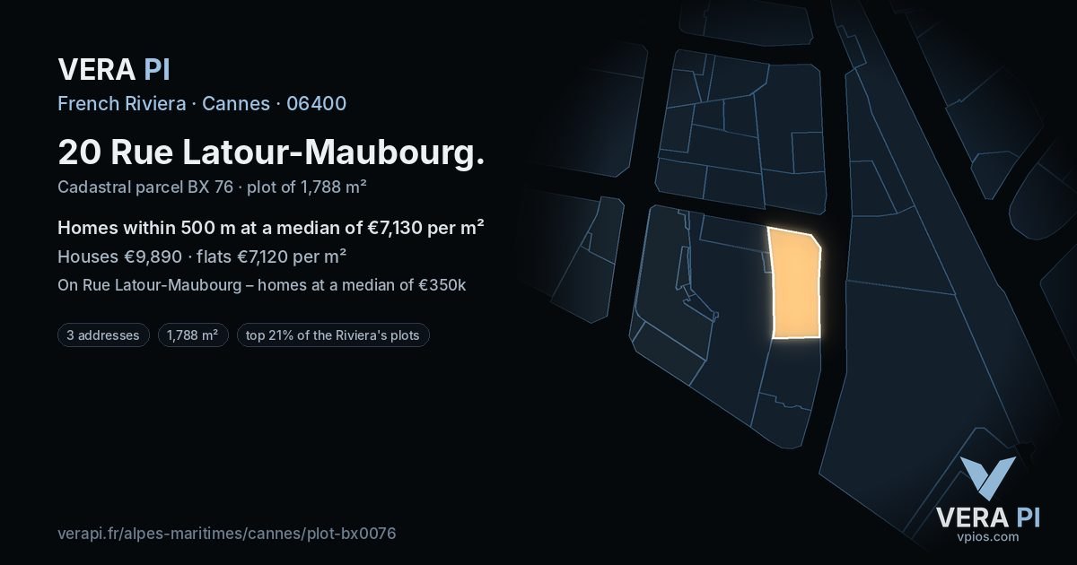 20 Rue Latour-Maubourg, Cannes at night – the plot lit, the parcels around coloured by the prices near them