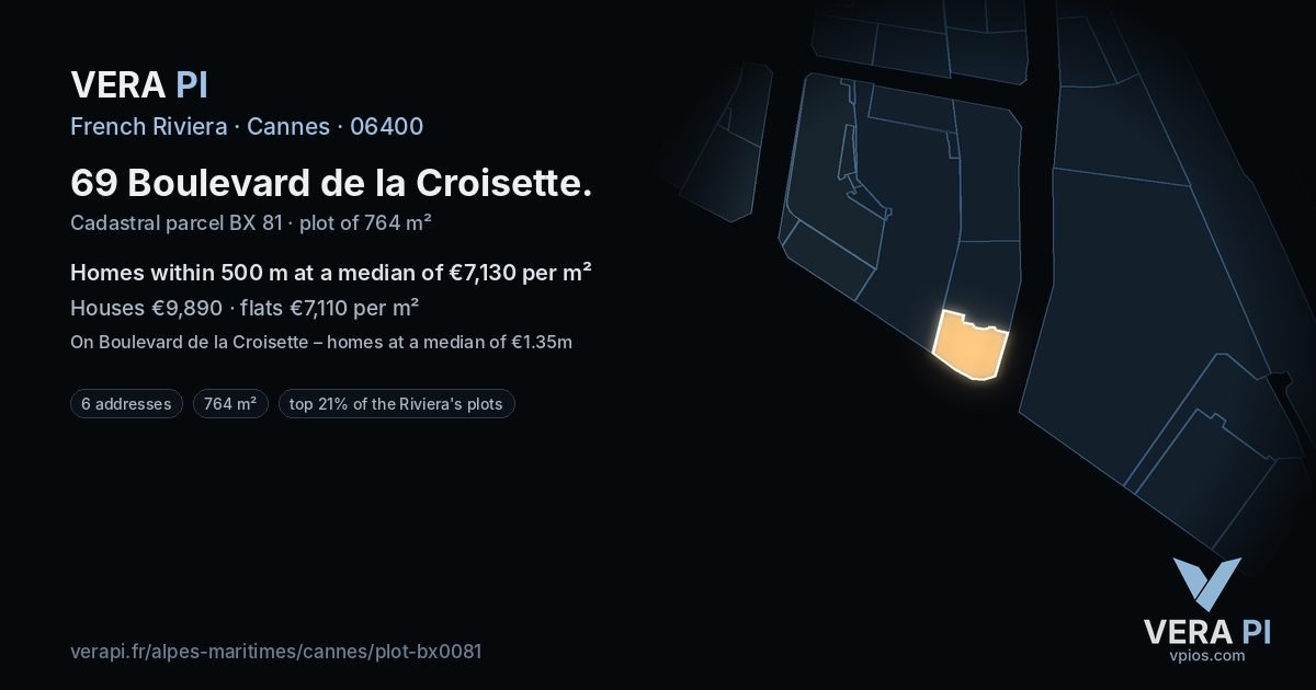 69 Boulevard de la Croisette, Cannes at night – the plot lit, the parcels around coloured by the prices near them