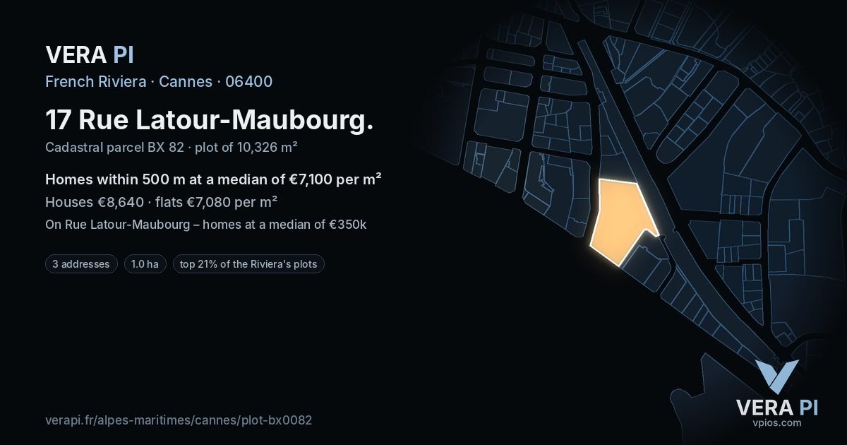17 Rue Latour-Maubourg, Cannes at night – the plot lit, the parcels around coloured by the prices near them