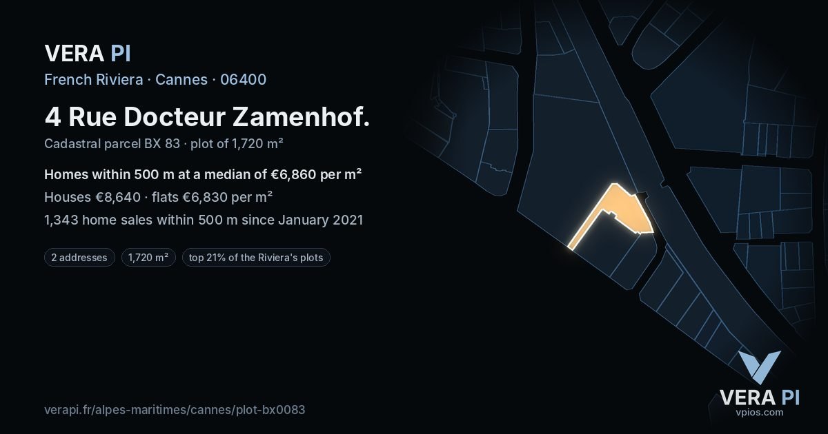 4 Rue Docteur Zamenhof, Cannes at night – the plot lit, the parcels around coloured by the prices near them