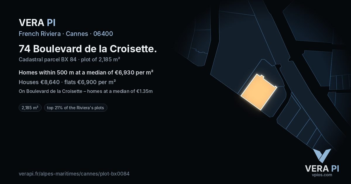 74 Boulevard de la Croisette, Cannes at night – the plot lit, the parcels around coloured by the prices near them