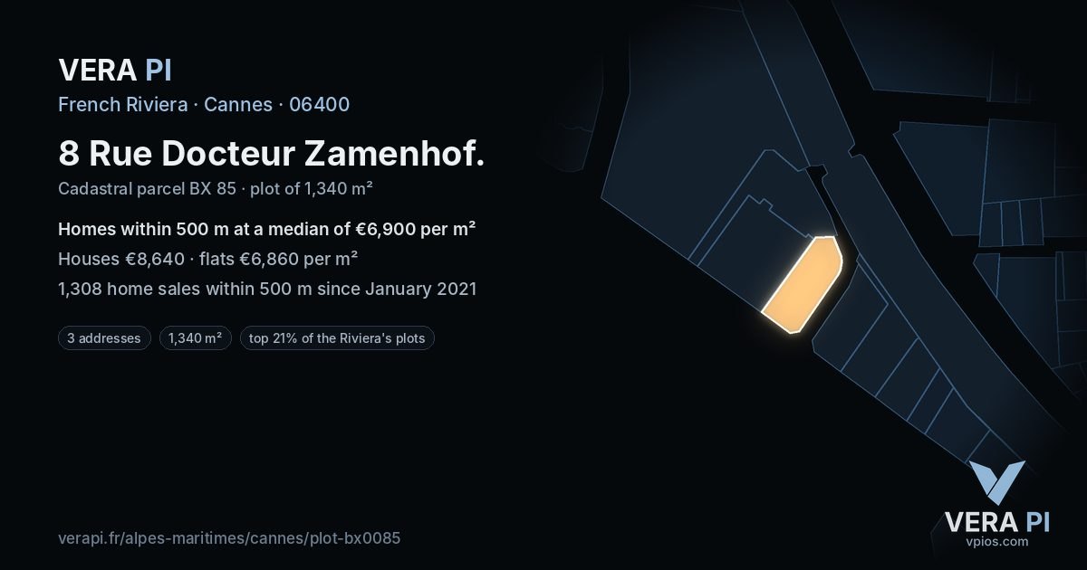 8 Rue Docteur Zamenhof, Cannes at night – the plot lit, the parcels around coloured by the prices near them