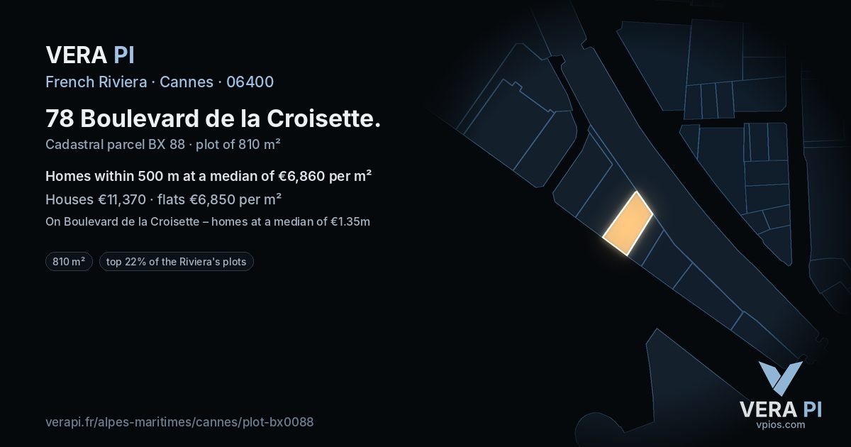 78 Boulevard de la Croisette, Cannes at night – the plot lit, the parcels around coloured by the prices near them