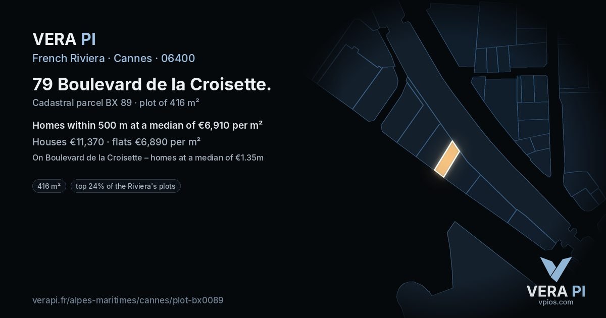 79 Boulevard de la Croisette, Cannes at night – the plot lit, the parcels around coloured by the prices near them