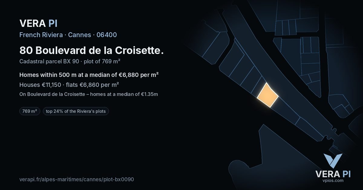 80 Boulevard de la Croisette, Cannes at night – the plot lit, the parcels around coloured by the prices near them