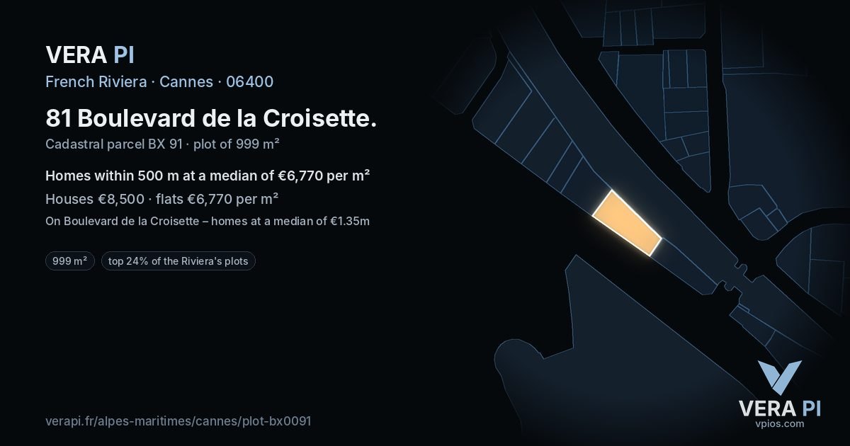 81 Boulevard de la Croisette, Cannes at night – the plot lit, the parcels around coloured by the prices near them