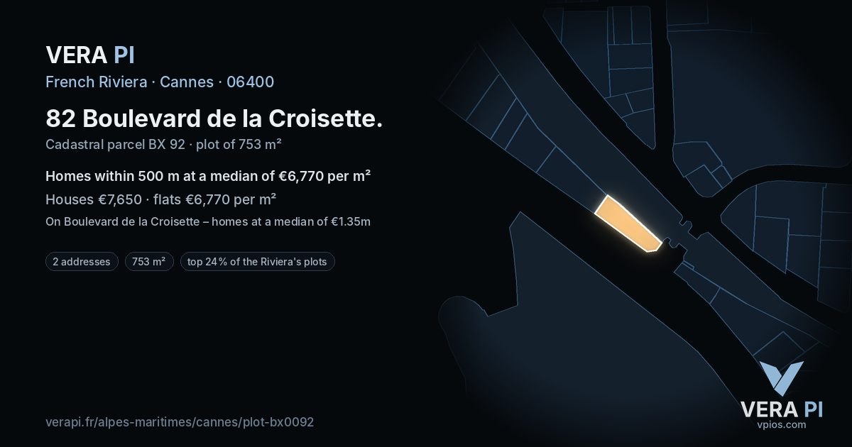 82 Boulevard de la Croisette, Cannes at night – the plot lit, the parcels around coloured by the prices near them