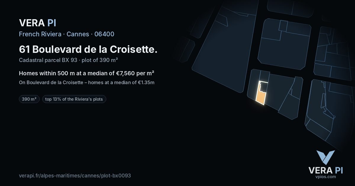 61 Boulevard de la Croisette, Cannes at night – the plot lit, the parcels around coloured by the prices near them