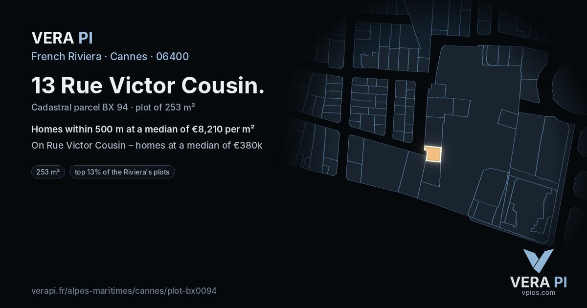 13 Rue Victor Cousin, Cannes at night – the plot lit, the parcels around coloured by the prices near them