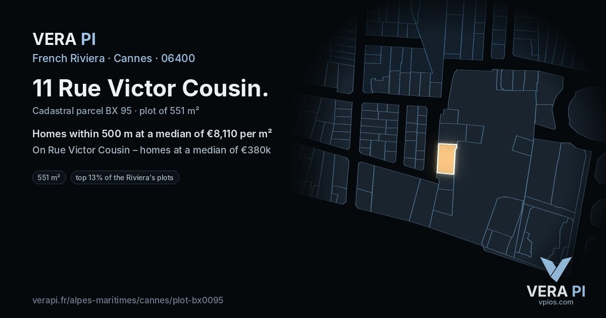 11 Rue Victor Cousin, Cannes at night – the plot lit, the parcels around coloured by the prices near them