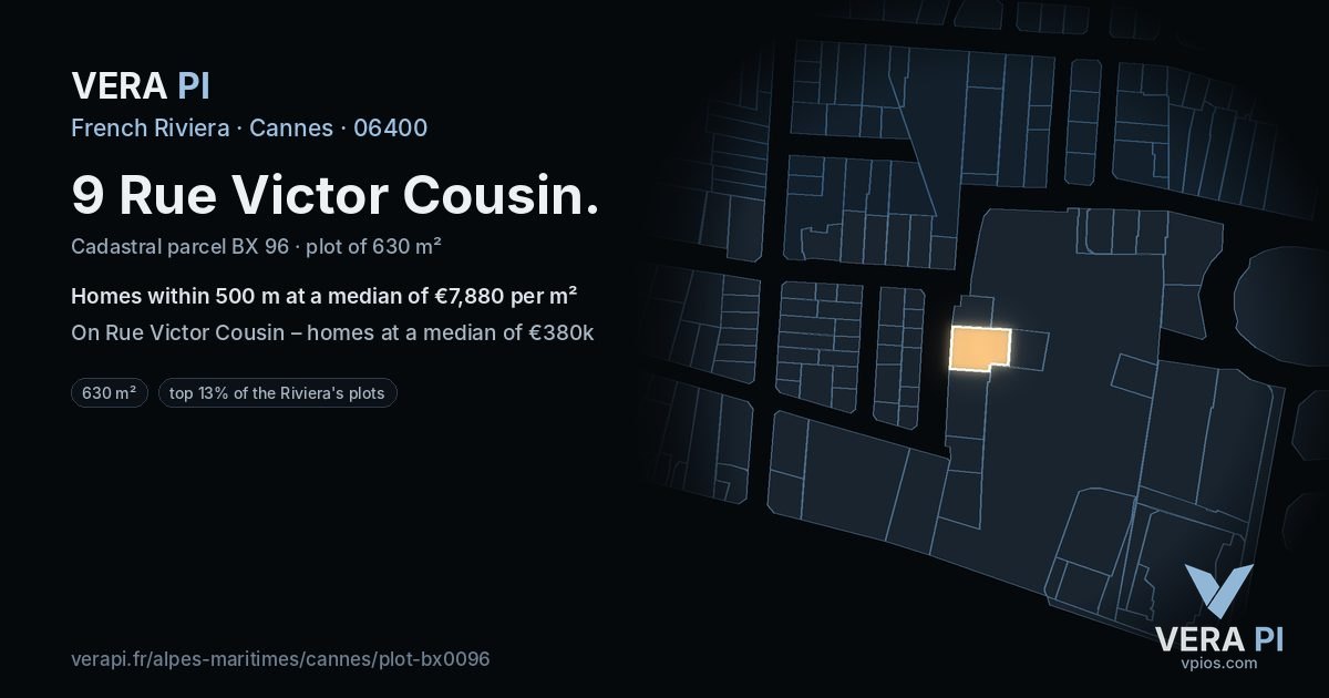 9 Rue Victor Cousin, Cannes at night – the plot lit, the parcels around coloured by the prices near them