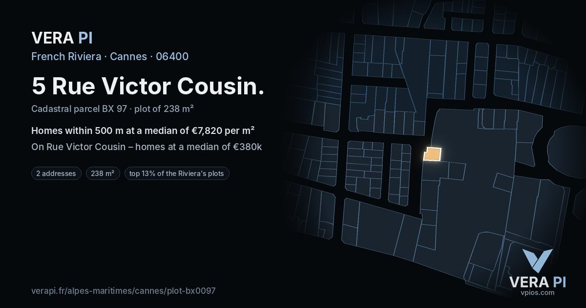 5 Rue Victor Cousin, Cannes at night – the plot lit, the parcels around coloured by the prices near them