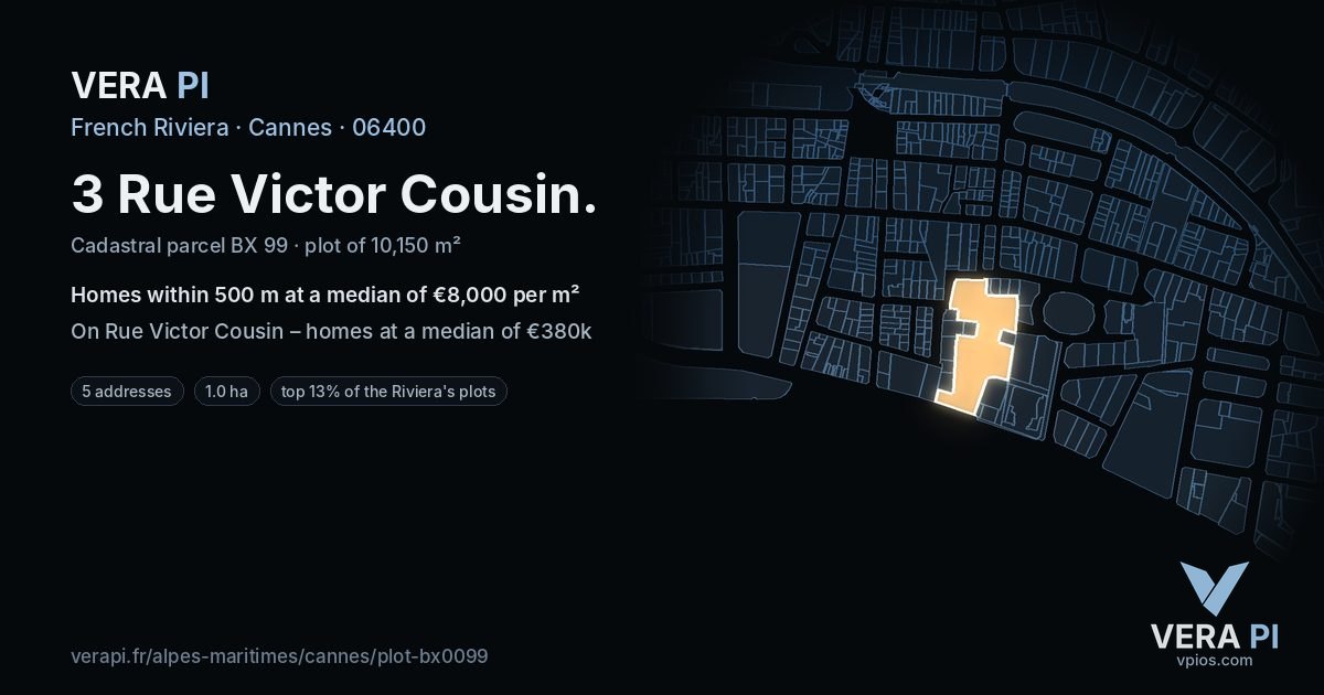 3 Rue Victor Cousin, Cannes at night – the plot lit, the parcels around coloured by the prices near them