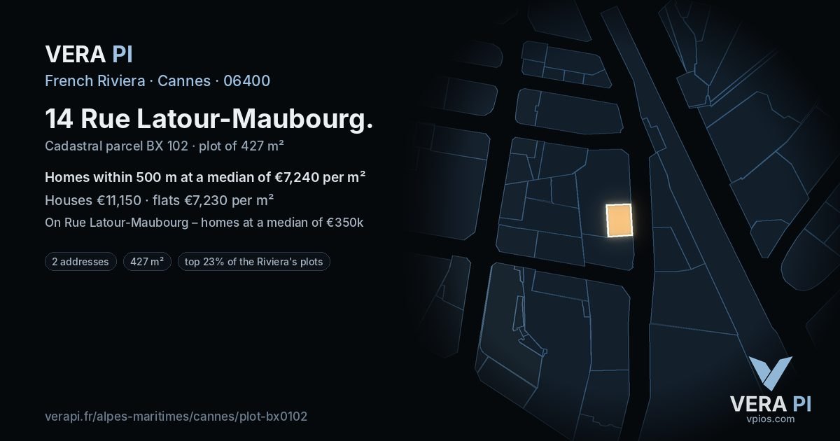 14 Rue Latour-Maubourg, Cannes at night – the plot lit, the parcels around coloured by the prices near them