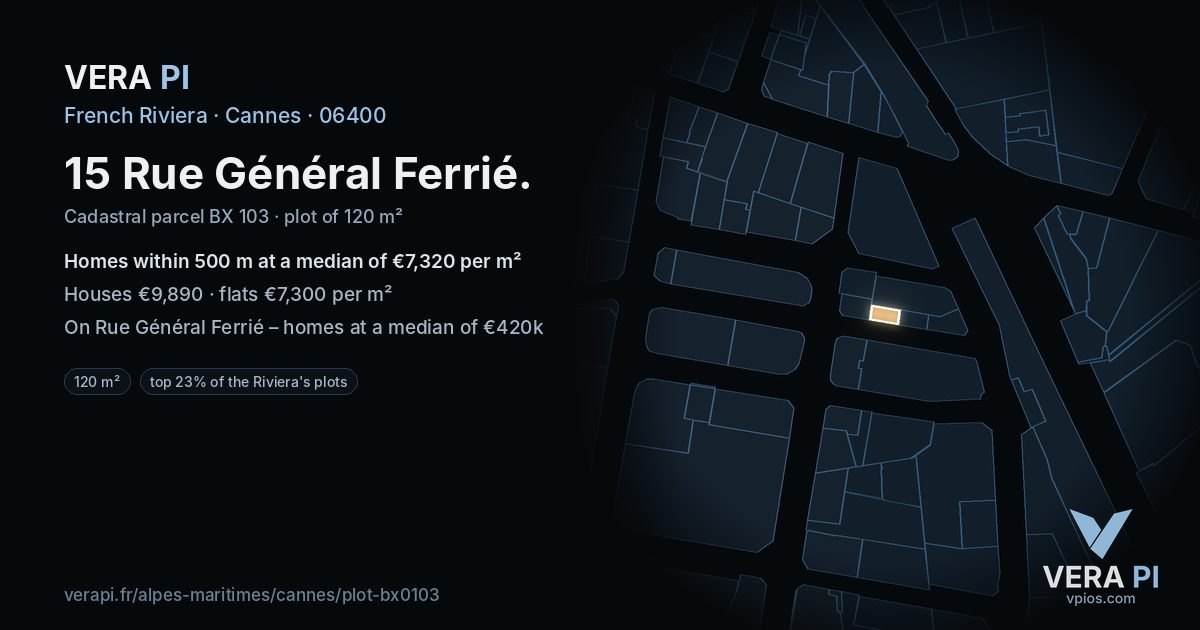 15 Rue Général Ferrié, Cannes at night – the plot lit, the parcels around coloured by the prices near them