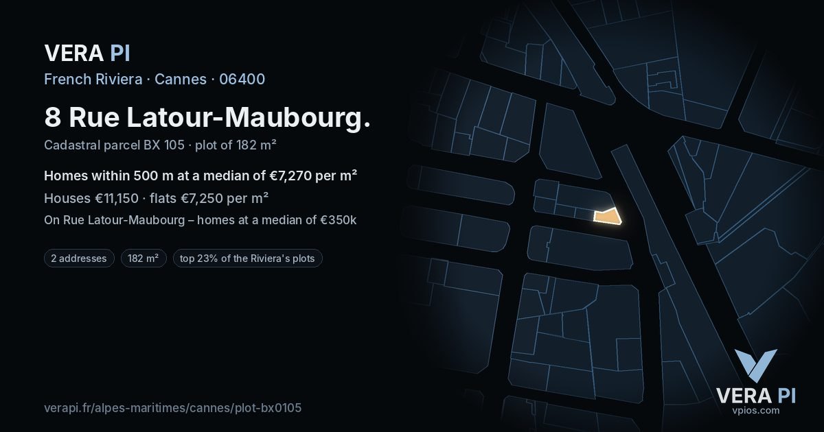 8 Rue Latour-Maubourg, Cannes at night – the plot lit, the parcels around coloured by the prices near them