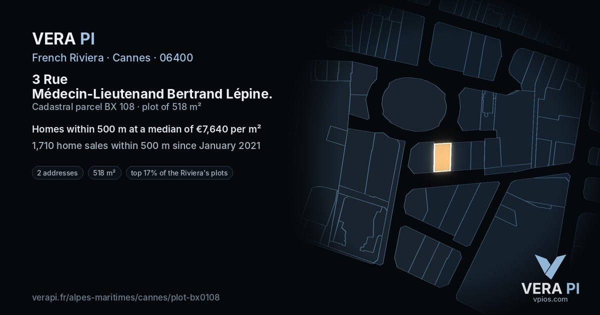 3 Rue Médecin-Lieutenand Bertrand Lépine, Cannes at night – the plot lit, the parcels around coloured by the prices near them