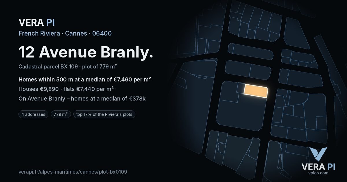 12 Avenue Branly, Cannes at night – the plot lit, the parcels around coloured by the prices near them