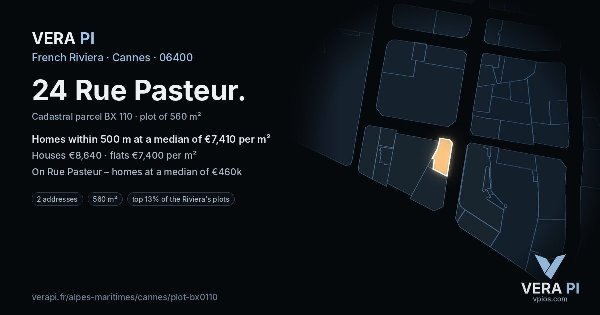 24 Rue Pasteur, Cannes at night – the plot lit, the parcels around coloured by the prices near them