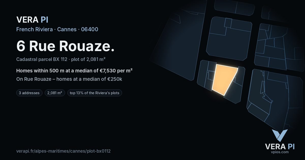 6 Rue Rouaze, Cannes at night – the plot lit, the parcels around coloured by the prices near them