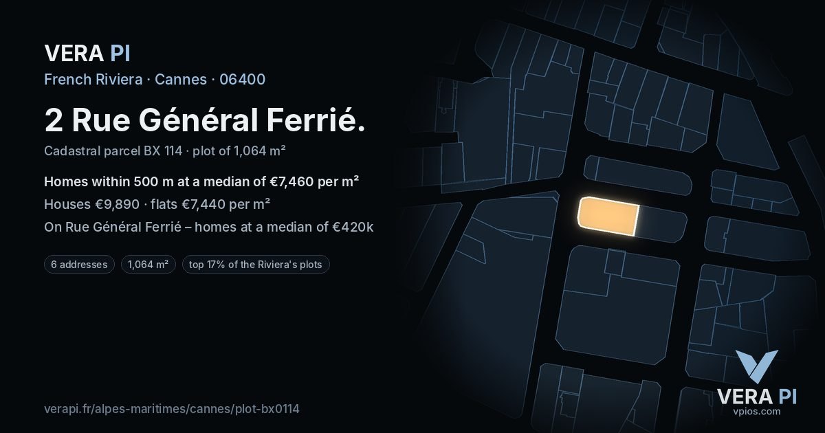2 Rue Général Ferrié, Cannes at night – the plot lit, the parcels around coloured by the prices near them