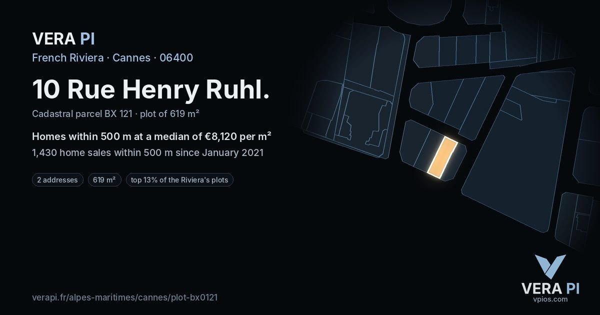 10 Rue Henry Ruhl, Cannes at night – the plot lit, the parcels around coloured by the prices near them