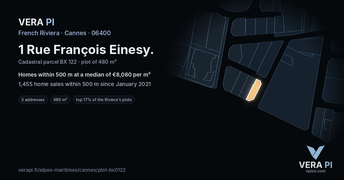 1 Rue François Einesy, Cannes at night – the plot lit, the parcels around coloured by the prices near them