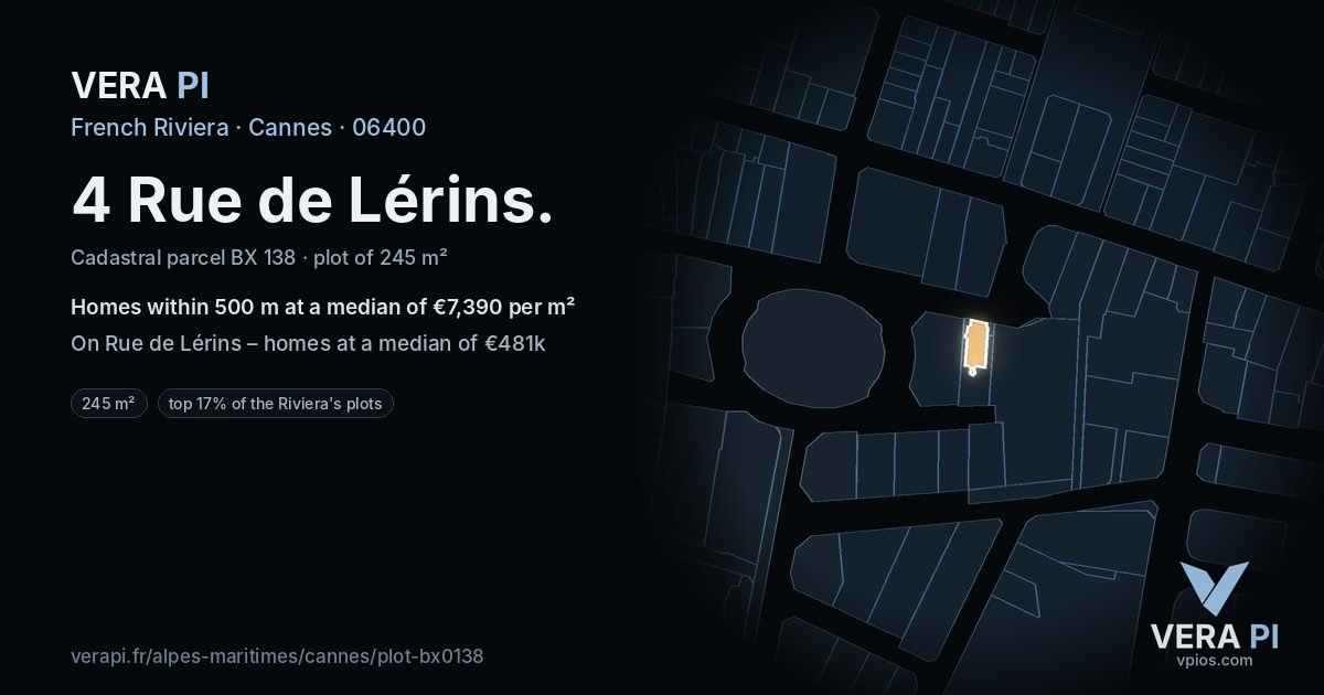 4 Rue de Lérins, Cannes at night – the plot lit, the parcels around coloured by the prices near them