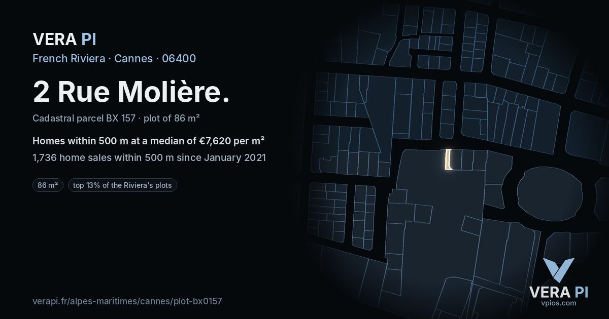 2 Rue Molière, Cannes at night – the plot lit, the parcels around coloured by the prices near them