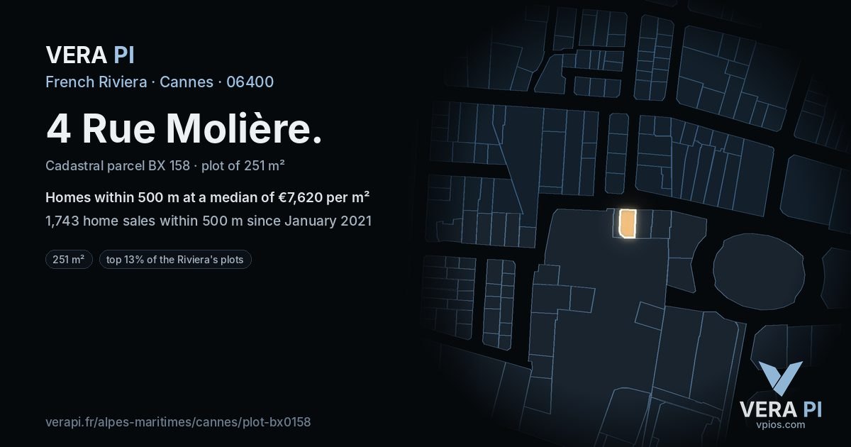 4 Rue Molière, Cannes at night – the plot lit, the parcels around coloured by the prices near them