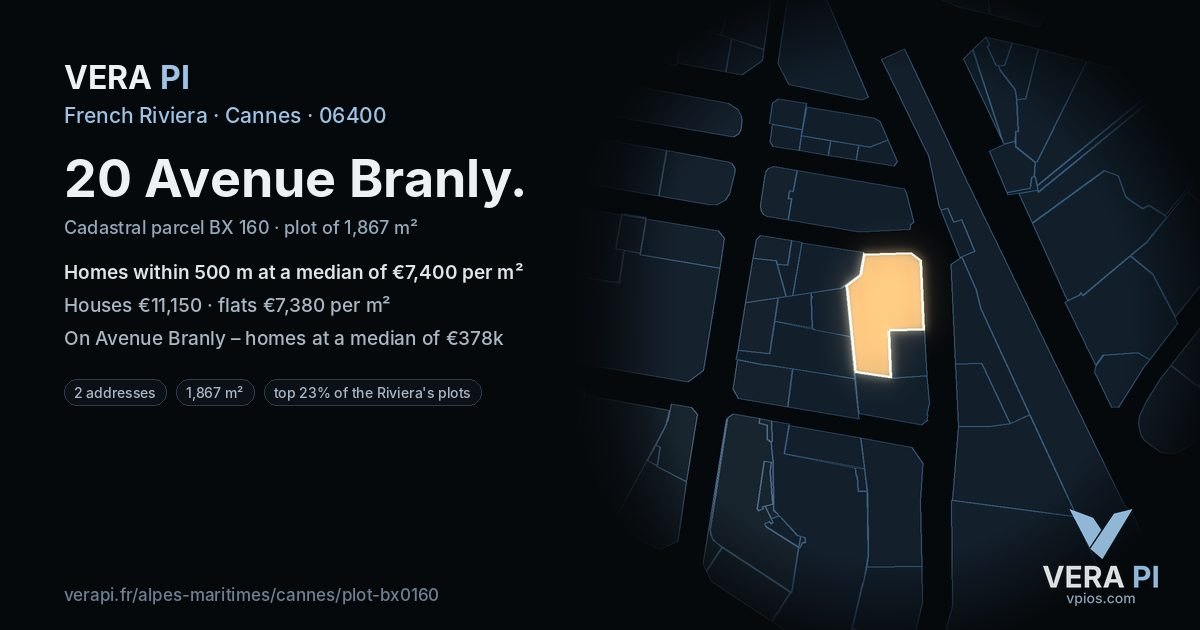 20 Avenue Branly, Cannes at night – the plot lit, the parcels around coloured by the prices near them