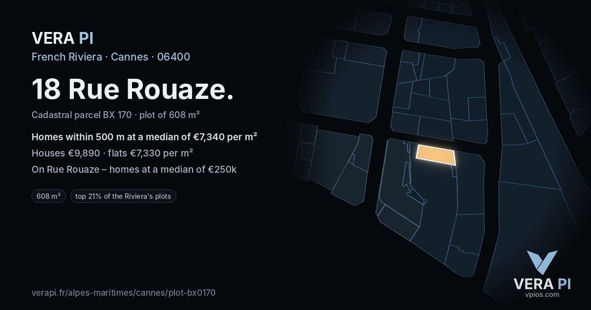 18 Rue Rouaze, Cannes at night – the plot lit, the parcels around coloured by the prices near them