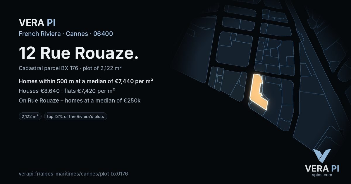 12 Rue Rouaze, Cannes at night – the plot lit, the parcels around coloured by the prices near them