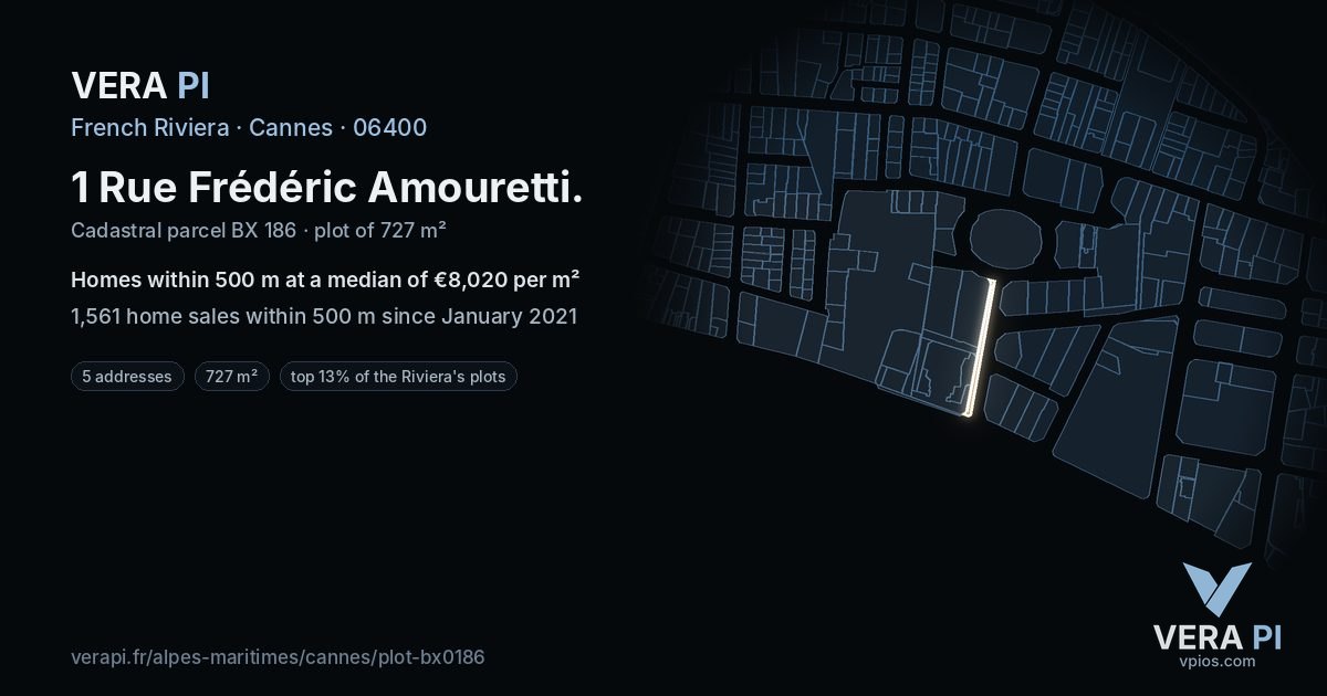 1 Rue Frédéric Amouretti, Cannes at night – the plot lit, the parcels around coloured by the prices near them